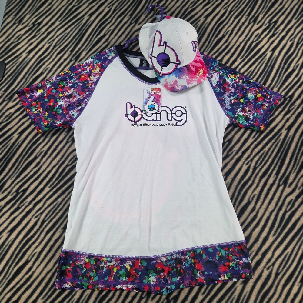 Bang Energy Revolution Shirt and Hat Set Mens Large White Purple Paint Splatter